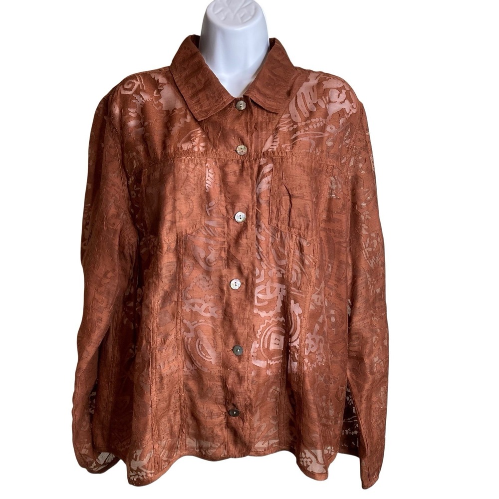 Chico's Women's Brown Embossed Sheer Shirt Jacket Sz 2/L Asian Vibes Boho Artsy